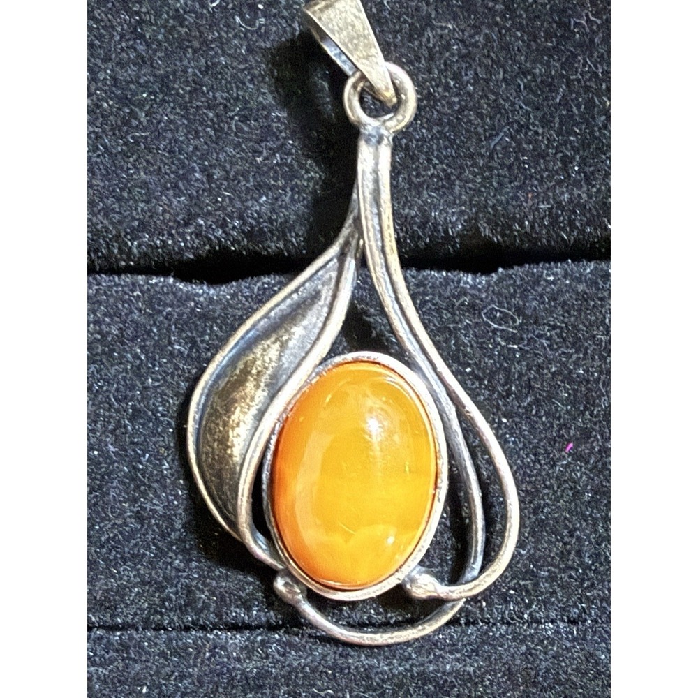 Large Chunky Vintage Sterling Silver Baltic Egg Yolk Amber Drop Pendant 925